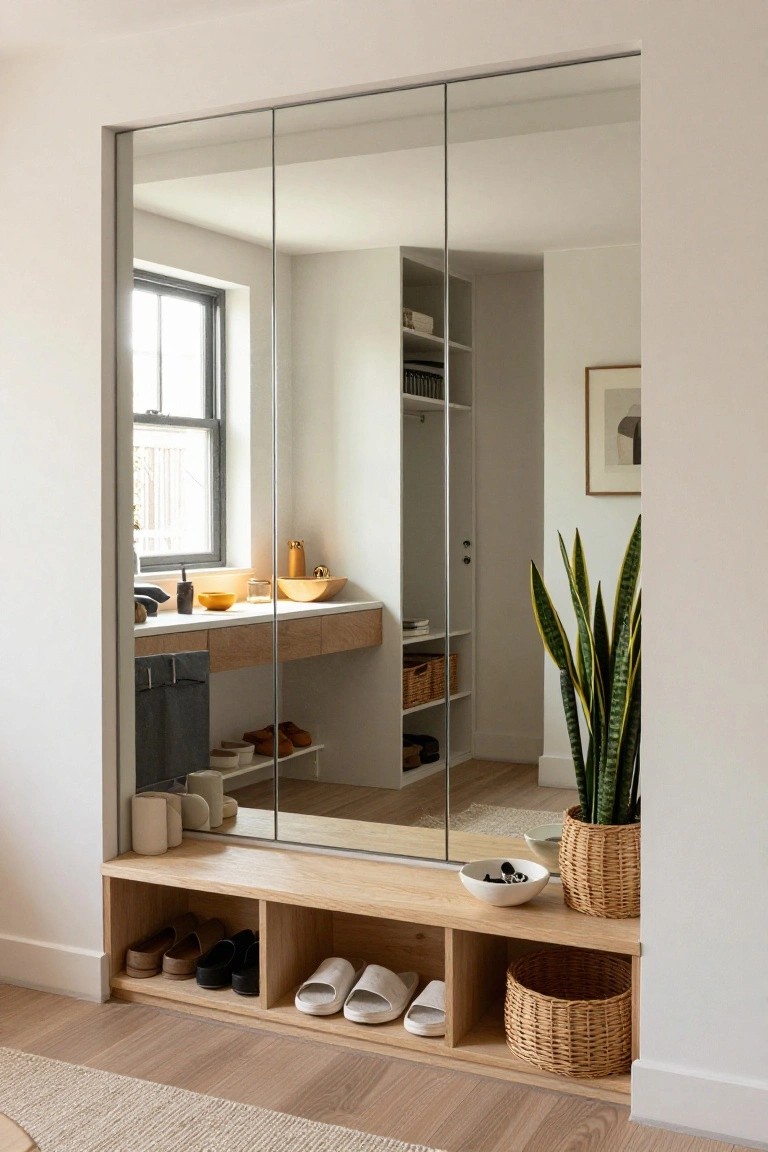 A built-in wardrobe with three tall sliding mirror doors includes a protruding oak bench at the base with open cubbies storing brown leather shoes, black flats, white flip-flops, and woven baskets next to a potted snake plant in a light wood floor room.