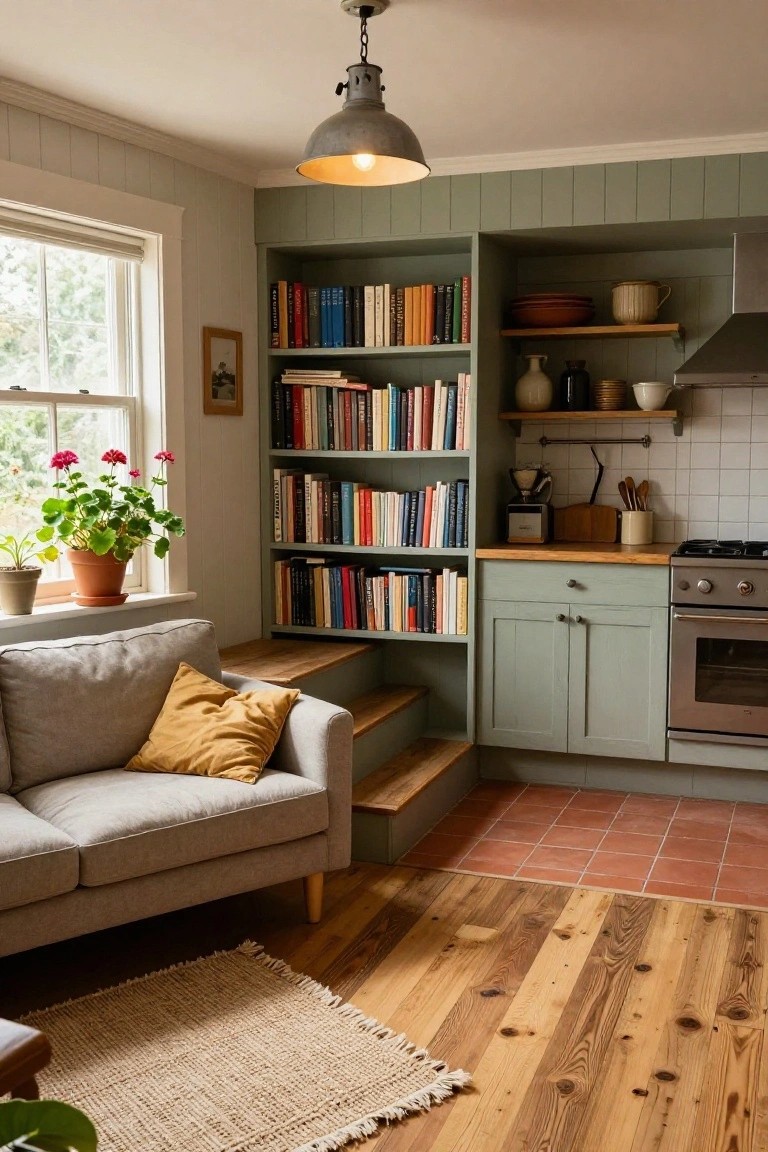 Sage green built-in bookshelves filled with books and kitchenware divide a compact kitchen from a gray sofa in a cozy interior with wood floors, plants, and warm pendant lighting.