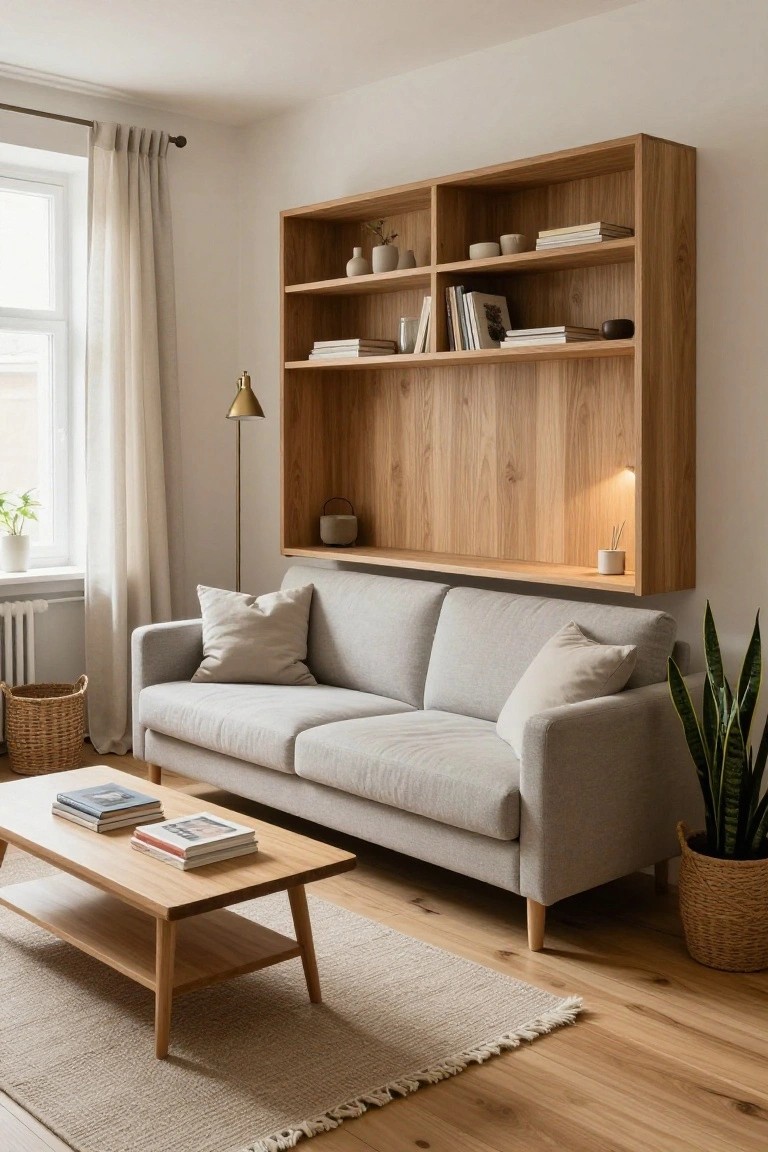 Living room with tall oak wood shelving unit on white wall behind light gray two-seat sofa, wooden coffee table with books, potted snake plant, beige rug on hardwood floor, window with sheer curtains, and floor lamp.