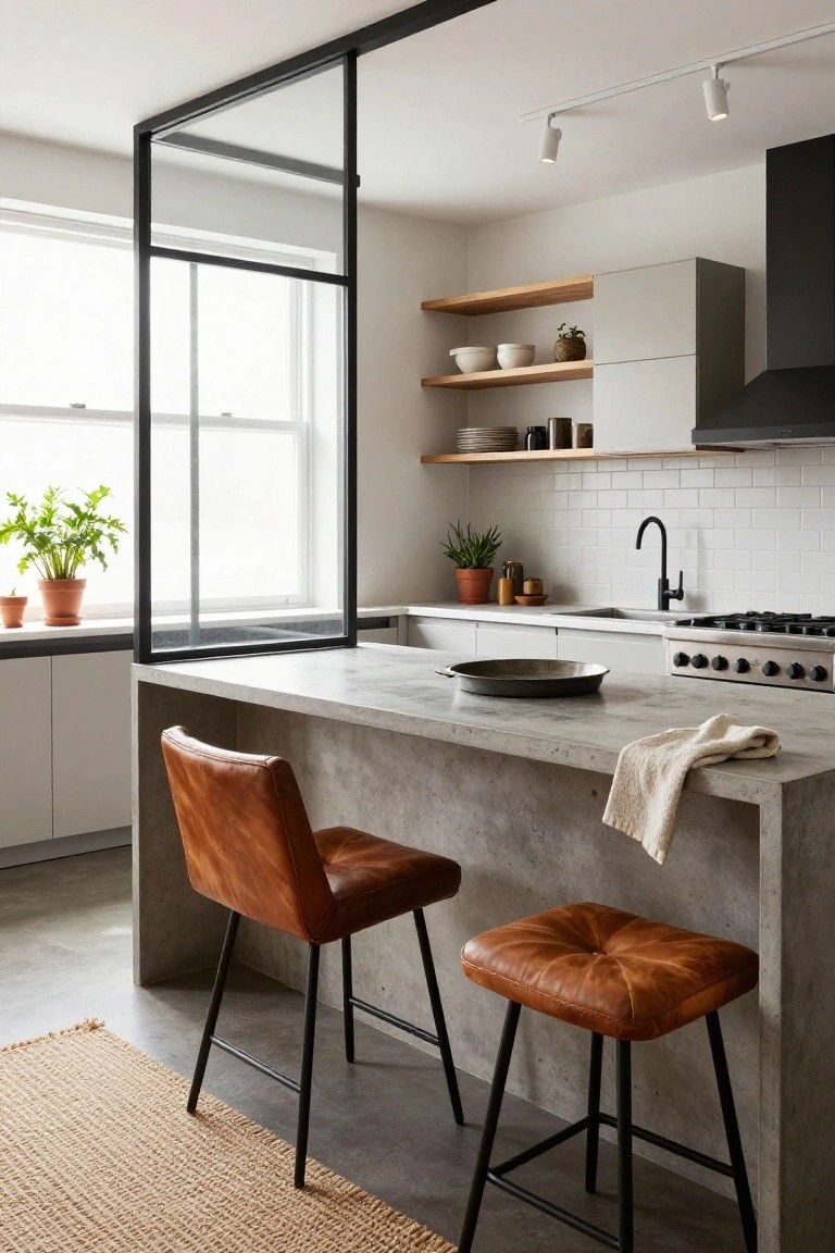 Modern kitchen interior with gray concrete island, two tan leather bar stools, white cabinets, wood open shelves holding bowls and plants, black faucet, gas range, subway tile backsplash, and glass partition wall by a window.