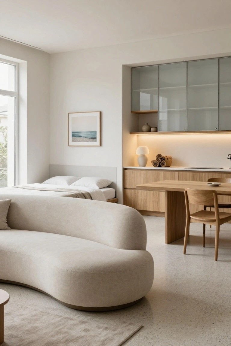 Studio apartment interior with curved cream sofa near a bed platform, oak kitchen cabinets and dining table with chair, glass-fronted cabinets, large window, and neutral walls and floor.