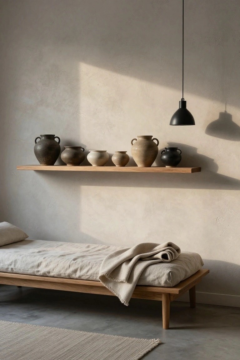 Wooden floating shelf on beige textured wall holding various ceramic vases and pots in earth tones above low wooden platform bed with white linen bedding, beige rug on concrete floor, black pendant light hanging nearby.