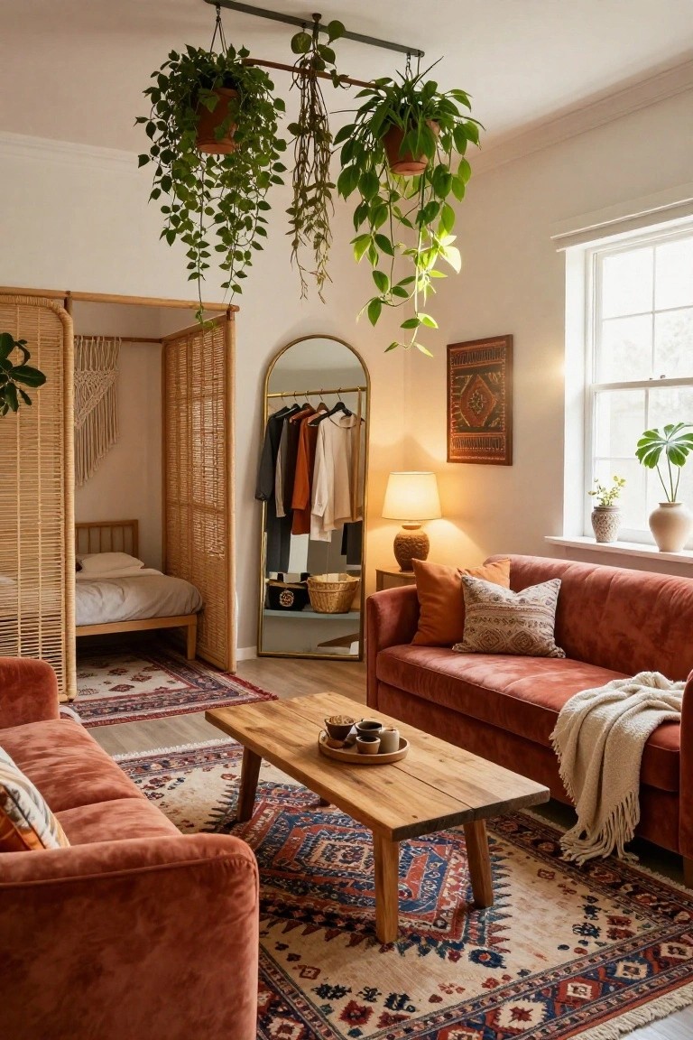 Studio apartment interior with terracotta-colored velvet sofa, wooden coffee table, bamboo screen divider around a low wooden bed, hanging potted plants, arched gold mirror with clothes, and window plants.