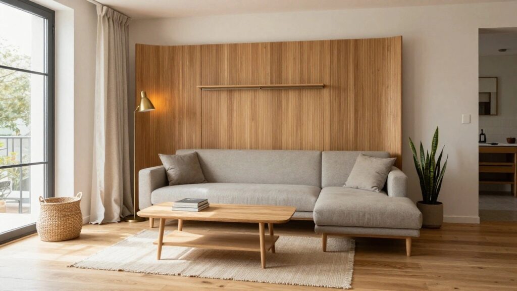 18 Thoughtful Studio Apartment Interior Design Ideas That Flow Living room with tall oak wood shelving unit on white wall behind light gray two-seat sofa, wooden coffee table with books, potted snake plant, beige rug on hardwood floor, window with sheer curtains, and floor lamp.