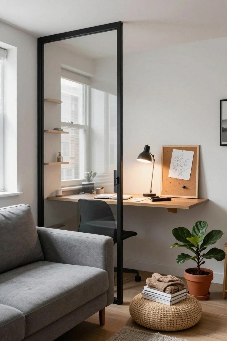 Modern studio apartment interior with black-framed glass partition separating a floating wooden desk, office chair, desk lamp, corkboard, and shelves from a gray sofa, woven pouf, potted fiddle leaf fig, towels, books, and window.