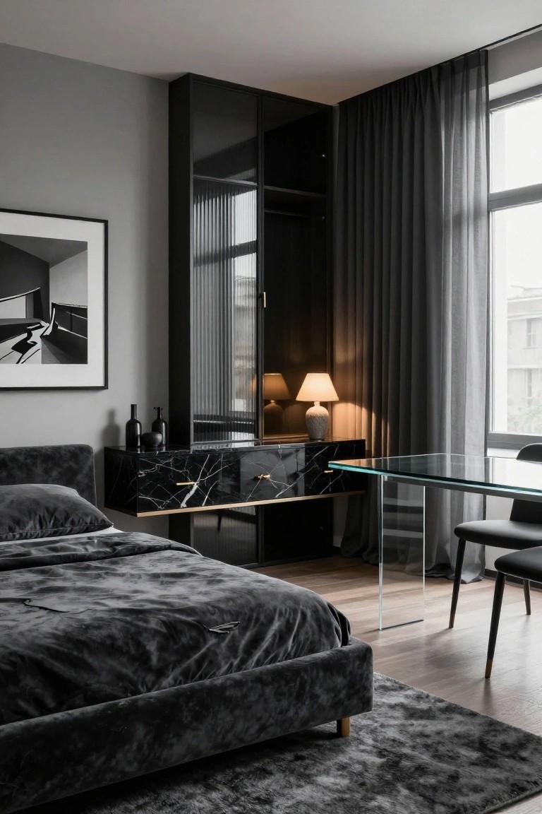 Modern bedroom interior with tall glossy black wardrobes in the corner, black veined marble floating nightstand, gray velvet bed, glass desk with black chair, gray walls, wood floors, and large window with sheer black curtains.
