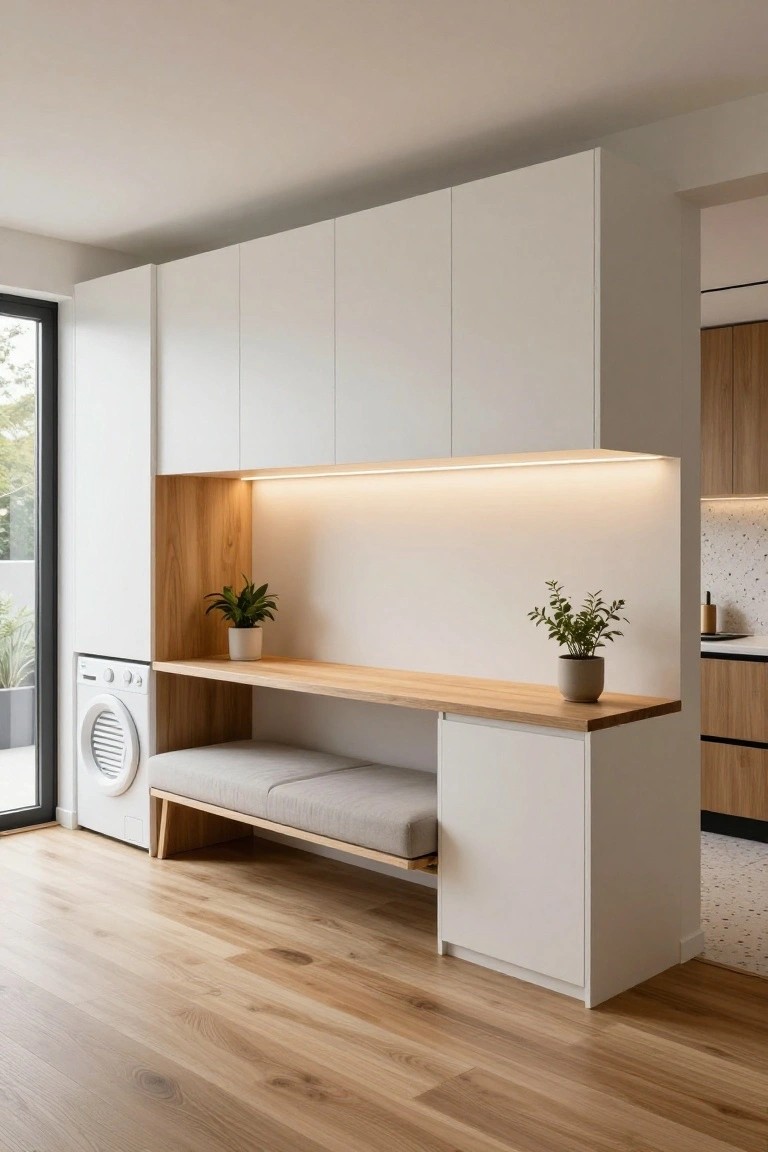 Tall white cabinet unit housing a front-loading washer, with integrated wooden bench seat, shelf, plants, and adjacent kitchen and glass balcony door in a modern interior.