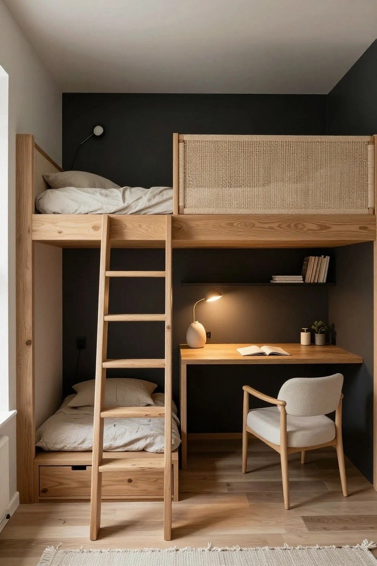 Compact wooden loft bed with ladder access above a built-in desk and lower bed in a small room with dark walls, light wood floors, and neutral furnishings.