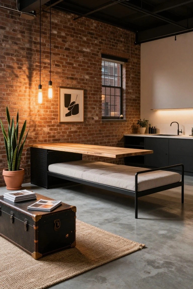 Studio apartment interior with exposed brick wall, pendant lights, wooden table extending from black metal bench with white cushions like a daybed, snake plant in terracotta pot, leather trunk with magazines on concrete floor beside jute rug.