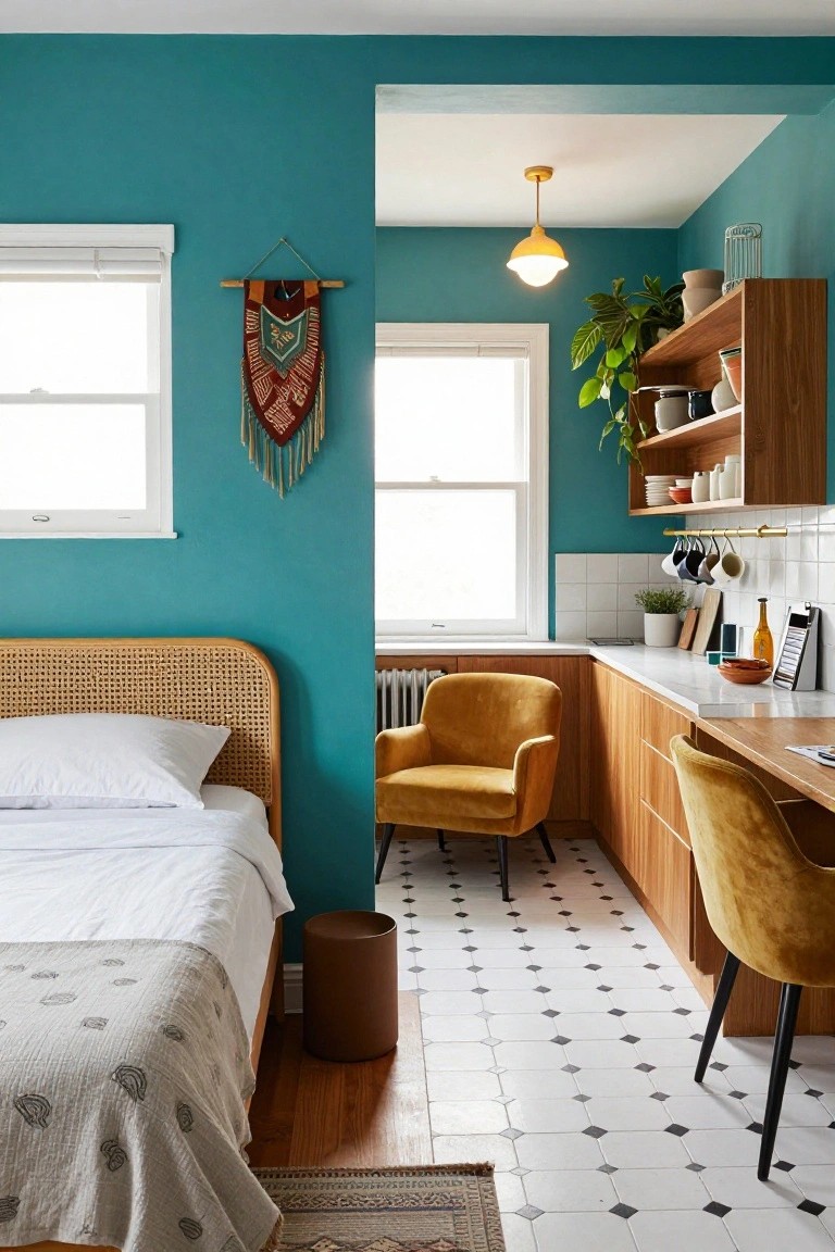 Studio apartment interior with teal wall behind rattan bed, yellow velvet chairs, wood kitchen cabinets, checkered tile floor, plants on shelves, and hanging wall tapestry near windows.