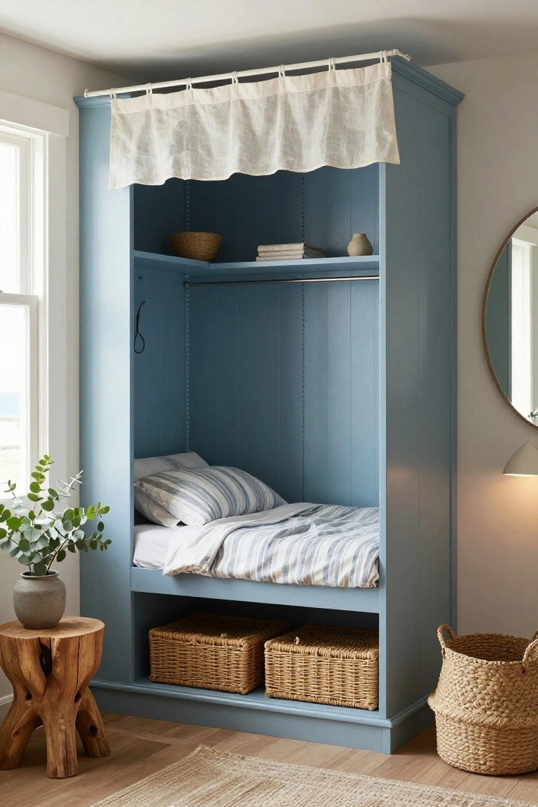 Light blue painted wooden wardrobe with doors open to reveal a bed with striped sheets and pillows inside, white linen curtain draped across the top, wicker baskets stored in the base, beside a window and plant in a bright room.