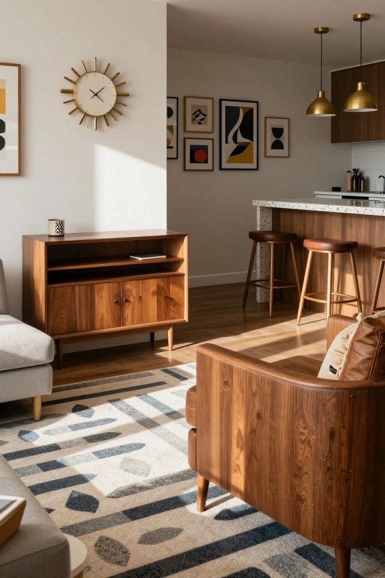 Modern studio apartment interior with warm wood credenza, leather armchair, wood bar stools at kitchen island, gold pendant lights, abstract art on walls, and patterned rug on hardwood floors.