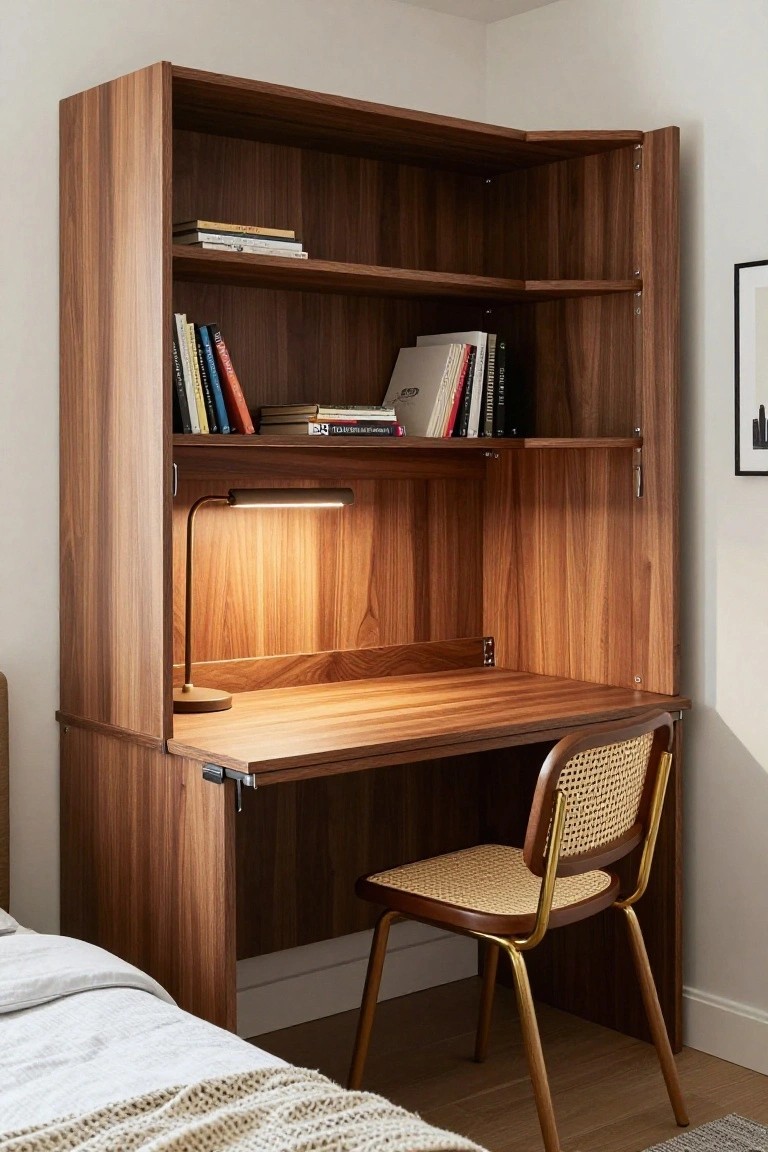 Tall wooden corner bookshelf unit with open shelves of books, integrated desk surface, lit desk lamp, rattan chair, and adjacent bed in a bedroom.