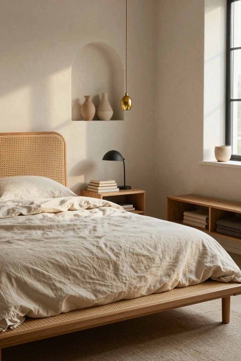 Beige bedroom with wooden platform bed featuring cane-woven headboard, white linen bedding, wooden nightstand holding black lamp and stacked books, arched wall niche with two vases and gold pendant light, wooden bench with folded towels at bed foot, and large window.