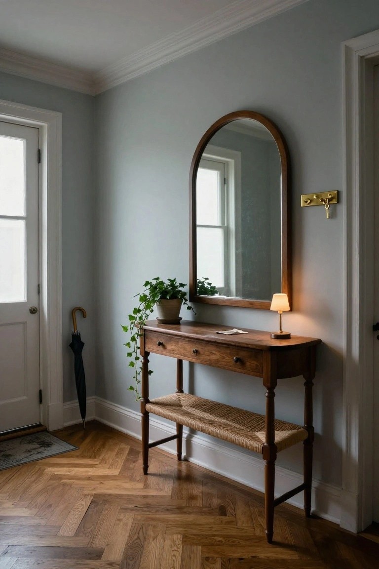 Light blue entryway featuring a wooden console table with drawers, topped by a lamp, paper, and potted ivy plant, an arched wood mirror above, a matching rush-seat bench, umbrella by the white door, gold key hook on wall, and herringbone oak floor.