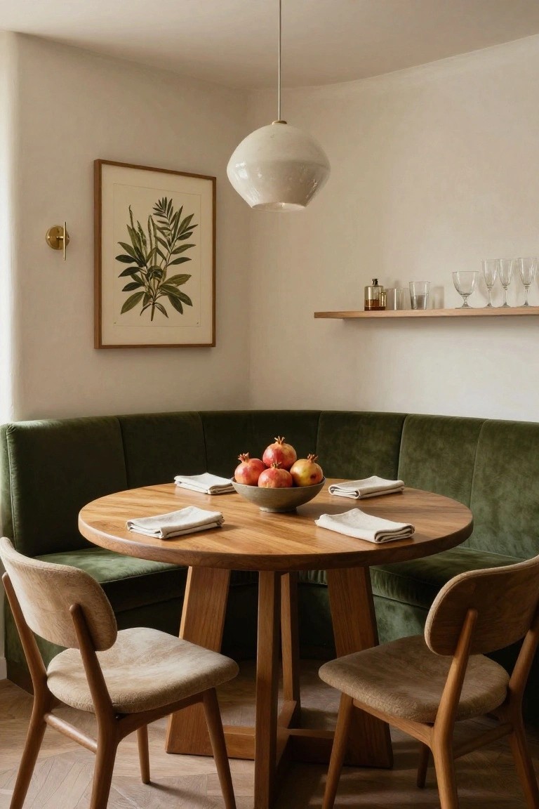 Green velvet corner booth seating around a round wooden table with napkins and a bowl of pomegranates, two cream-upholstered wooden chairs opposite, pendant light overhead, in a light room with wooden shelves and botanical print on wall.