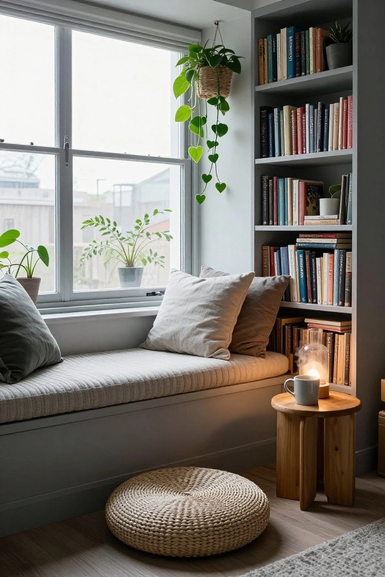 Gray built-in bookshelves surround a cushioned window bench seat with pillows, next to a small wooden side table holding a mug and lit candle, plants hanging above, and a woven floor pouf on light wood floors in a bright room.
