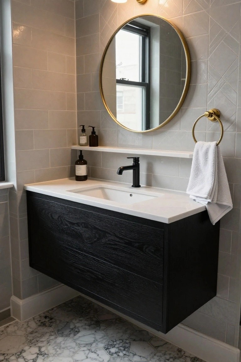 Modern bathroom with wall-mounted black wood-grain floating vanity, white quartz countertop and sink, black faucet, gold round mirror, soap dispenser on shelf, white towel on gold ring, light gray geometric tile walls, and gray-white marble hexagon floor tiles.