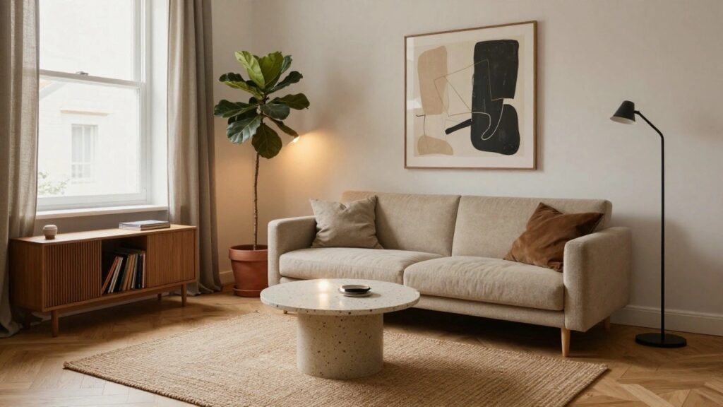18 Timeless Apartment Aesthetic Looks That Never Feel Overdone Light apartment living room corner with beige fabric sofa and armchair, round white terrazzo coffee table on black X-shaped base, tall fiddle leaf fig plant in terracotta pot by the window, abstract black and white framed artwork on white wall, beige jute rug on herringbone parquet wood floor.