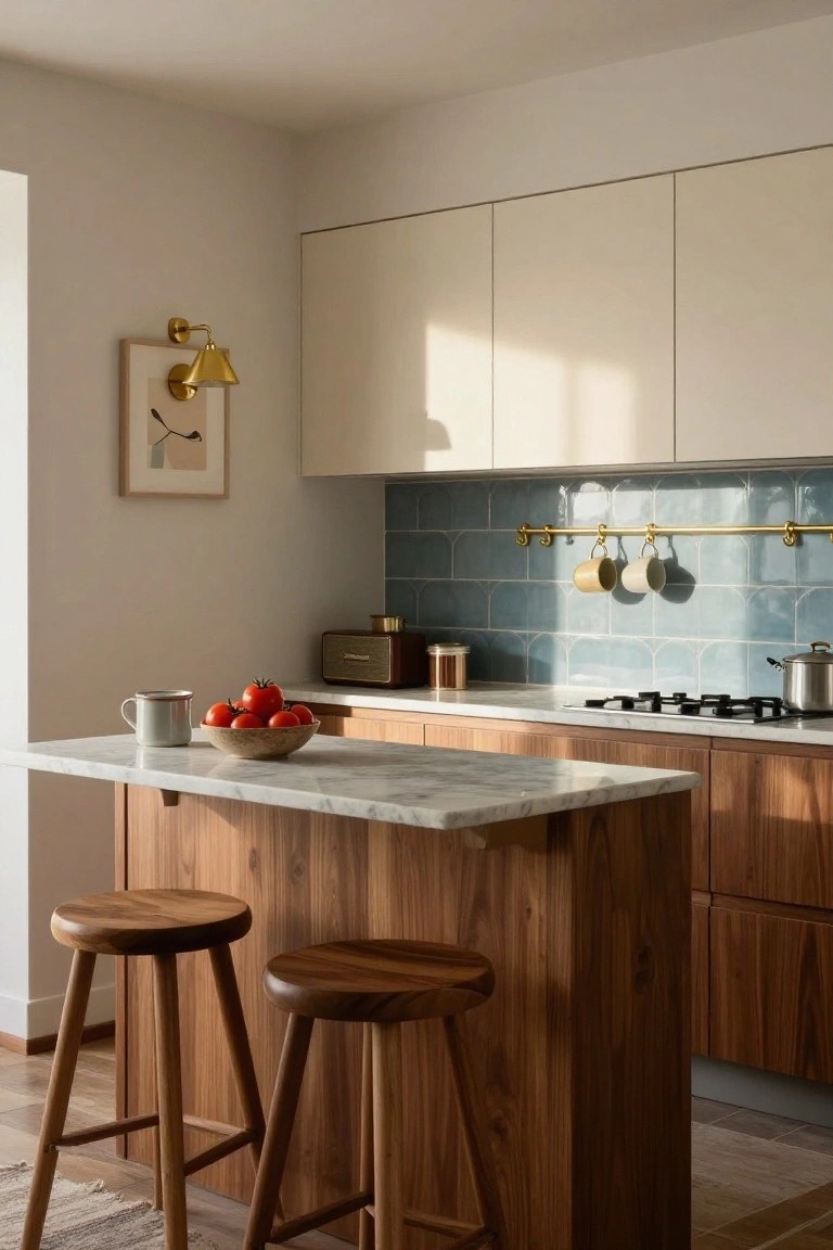 Compact modern kitchen with off-white upper cabinets, wooden lower cabinets and island with white veined marble top, two round wooden bar stools, blue arched glossy tile backsplash with brass rail holding white mugs, gold wall light, retro radio, and bowl of tomatoes on counter.