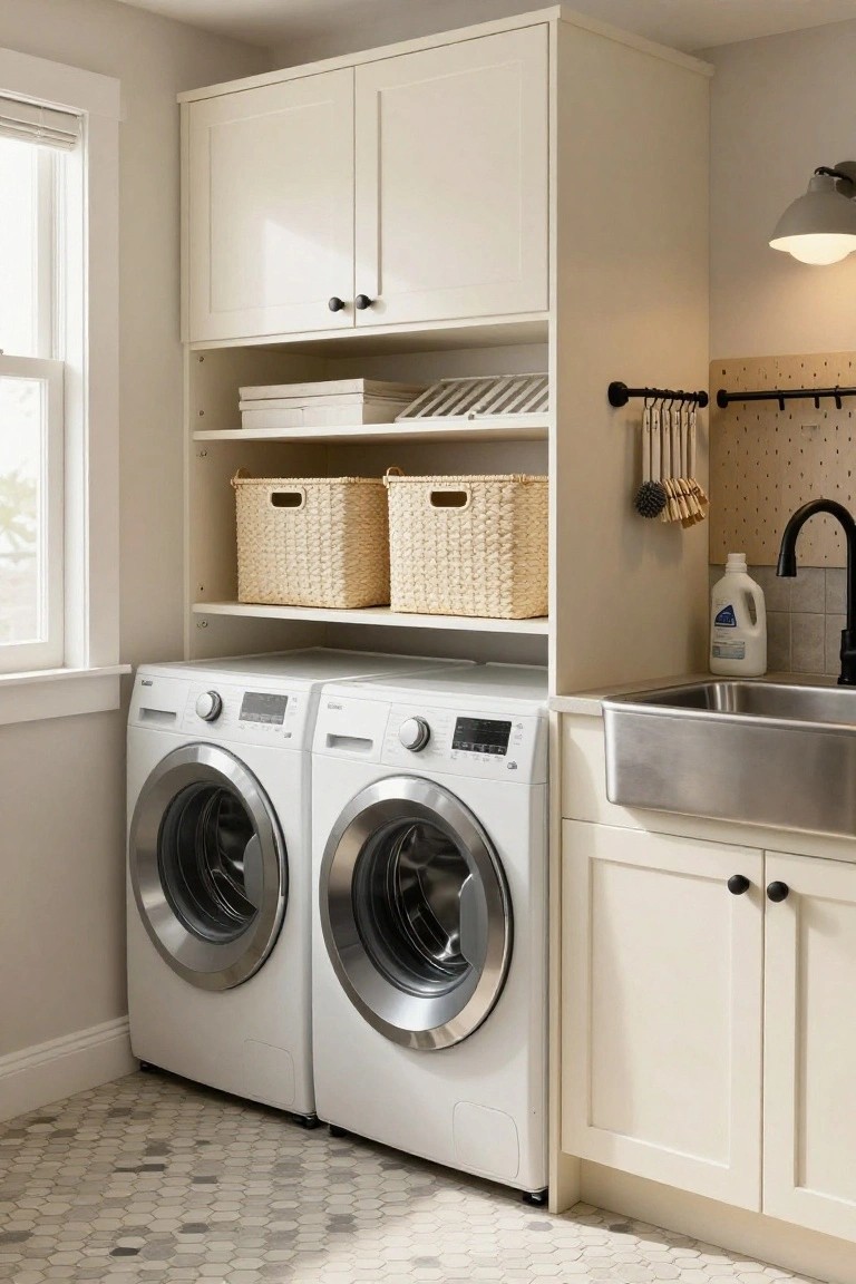 White front-loading washer and dryer flanked by custom white cabinets and open shelves holding wicker baskets, next to a stainless steel farmhouse sink with black faucet, pegboard wall with hanging tools, in a light gray room with hexagonal tile floor.