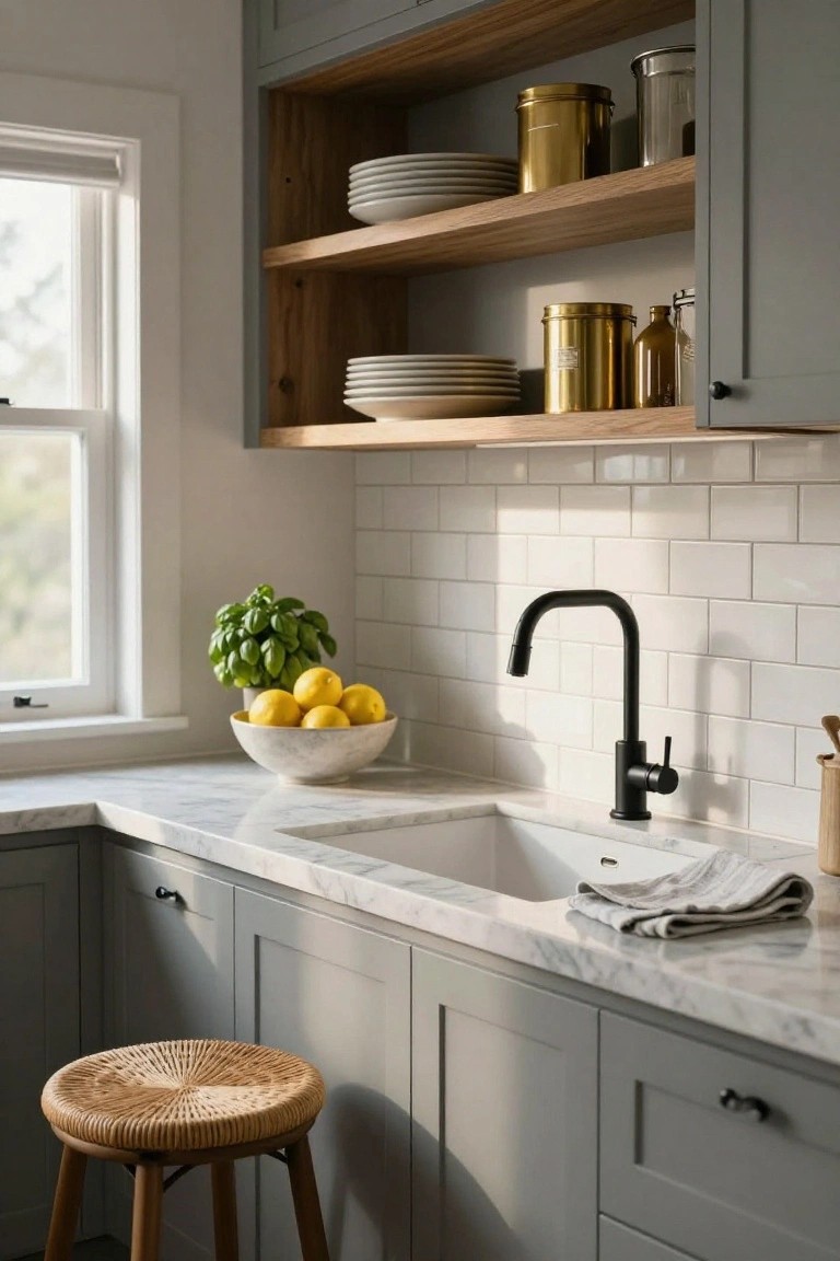 Kitchen corner with light gray shaker cabinets, white marble countertop and sink, white subway tile backsplash, black gooseneck faucet, bowl of lemons and basil plant on counter, linen towel, rattan stool, and open wooden shelves holding white plates and gold canisters.