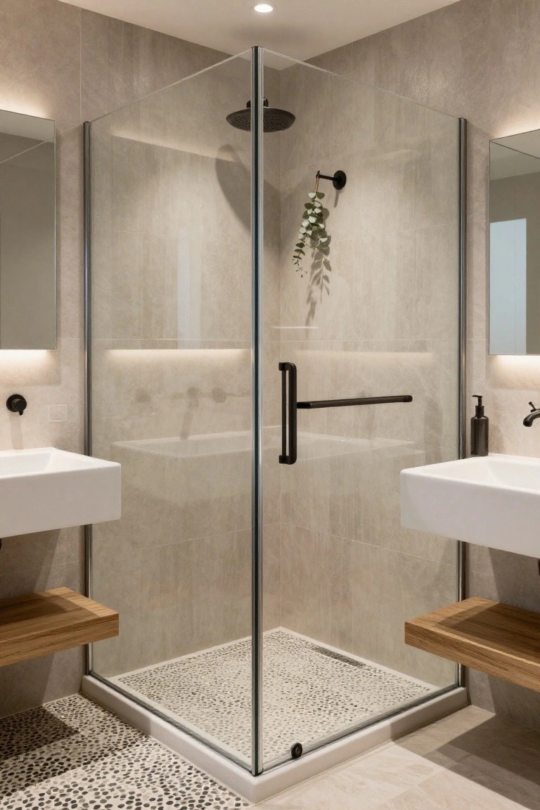 Modern bathroom corner with frameless glass shower enclosure, pebble tile shower floor, two white floating sinks, neutral beige porcelain wall tiles, black fixtures, and wooden wall shelves.
