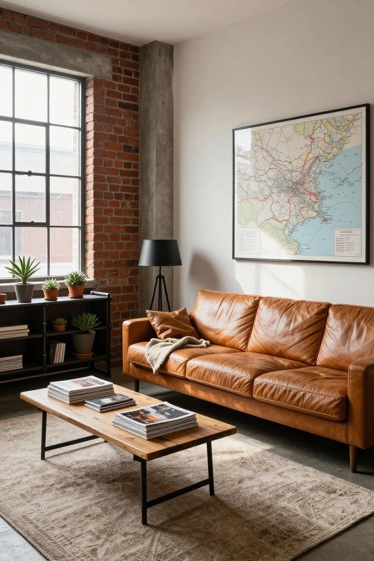 Living room interior with tan leather sofa, wooden coffee table stacked with magazines and books, black metal shelving holding potted plants, exposed brick walls and concrete beam, large framed map on wall, and black tripod floor lamp.