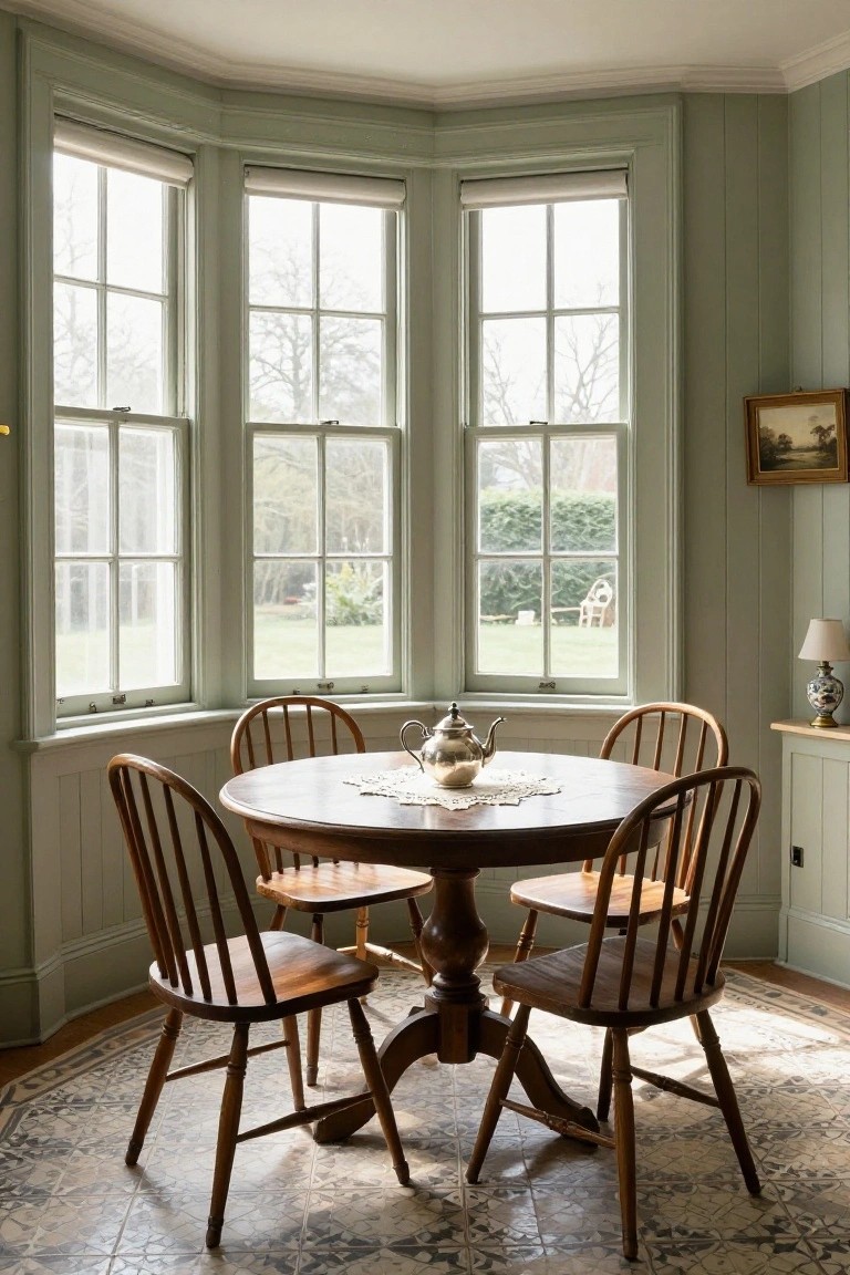 Sage green bay window sunroom featuring a round wooden pedestal table with four spindle-back chairs, a silver teapot on a lace doily, and garden views through the windows.