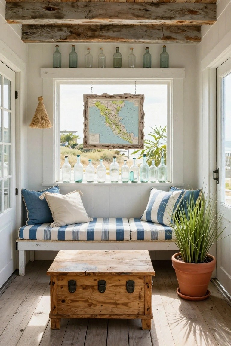 Sunroom interior with exposed wooden beams, white walls, large windows showing beach view, blue glass bottles on shelves and sills, framed coastal map, blue and white striped bench cushions on wooden bench, wooden trunk table, and potted grass plant.