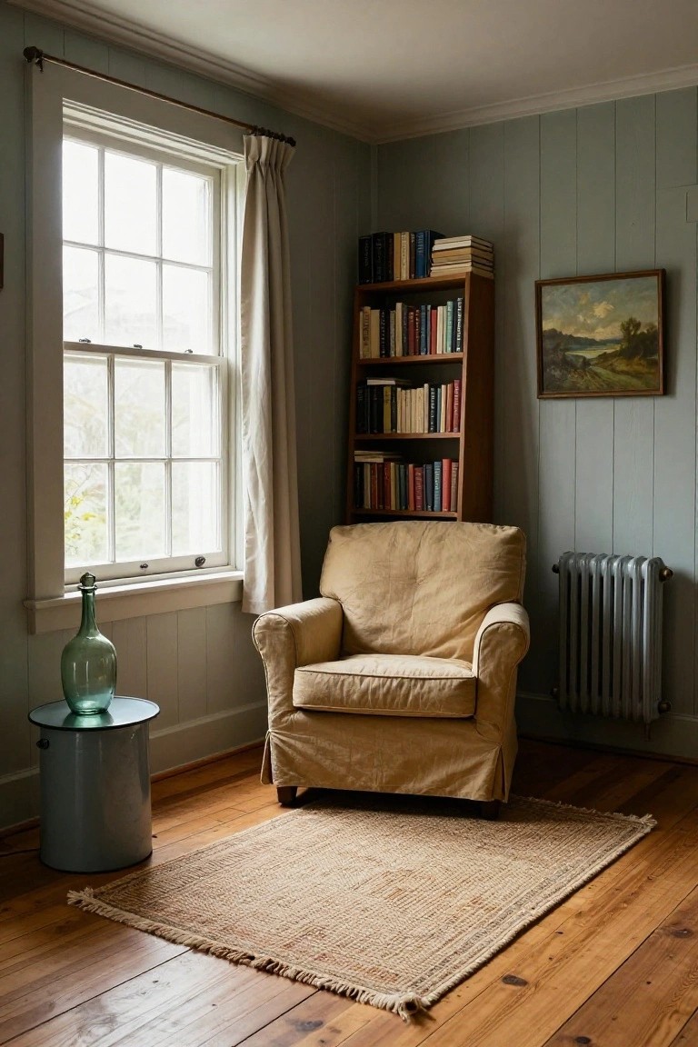 Corner of a light blue paneled room with a large multipane window draped in white curtains, wooden bookshelf filled with books, beige slipcovered armchair on a jute rug, green glass bottle on a metal stool beside a radiator, and hardwood floors.