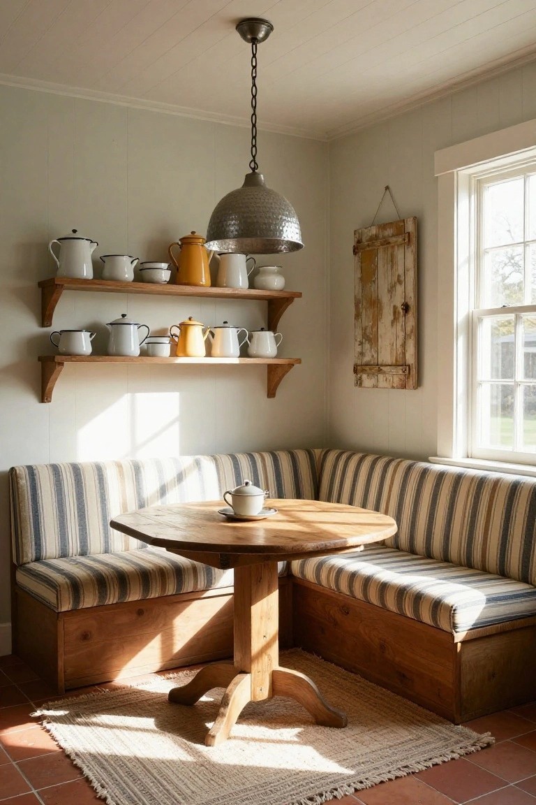 Corner kitchen nook with L-shaped blue-and-white striped banquette seating around a round wooden pedestal table set with a teapot, wooden shelves holding white and yellow enamelware pitchers and bowls, hammered metal pendant light, and window letting in sunlight.