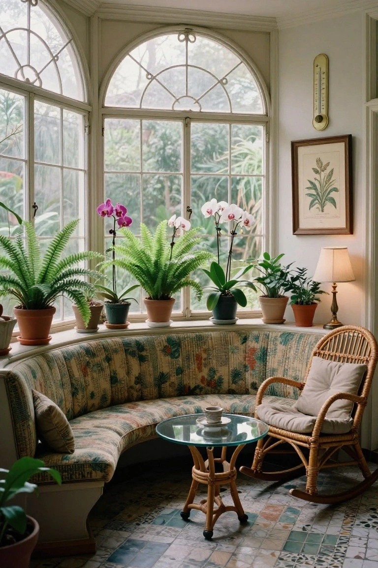 Vintage sunroom interior with arched windowsills lined with potted orchids, ferns, and other plants, a curved green floral-upholstered banquette, glass-topped table, rattan rocking chair, and tiled floor.