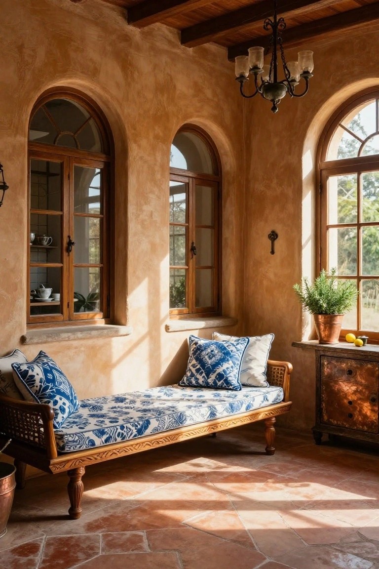 Sunlit interior of a room with arched wooden windows, a carved wooden daybed covered in blue patterned cushions and pillows, terracotta tile floor, wooden cabinets, and potted plants.