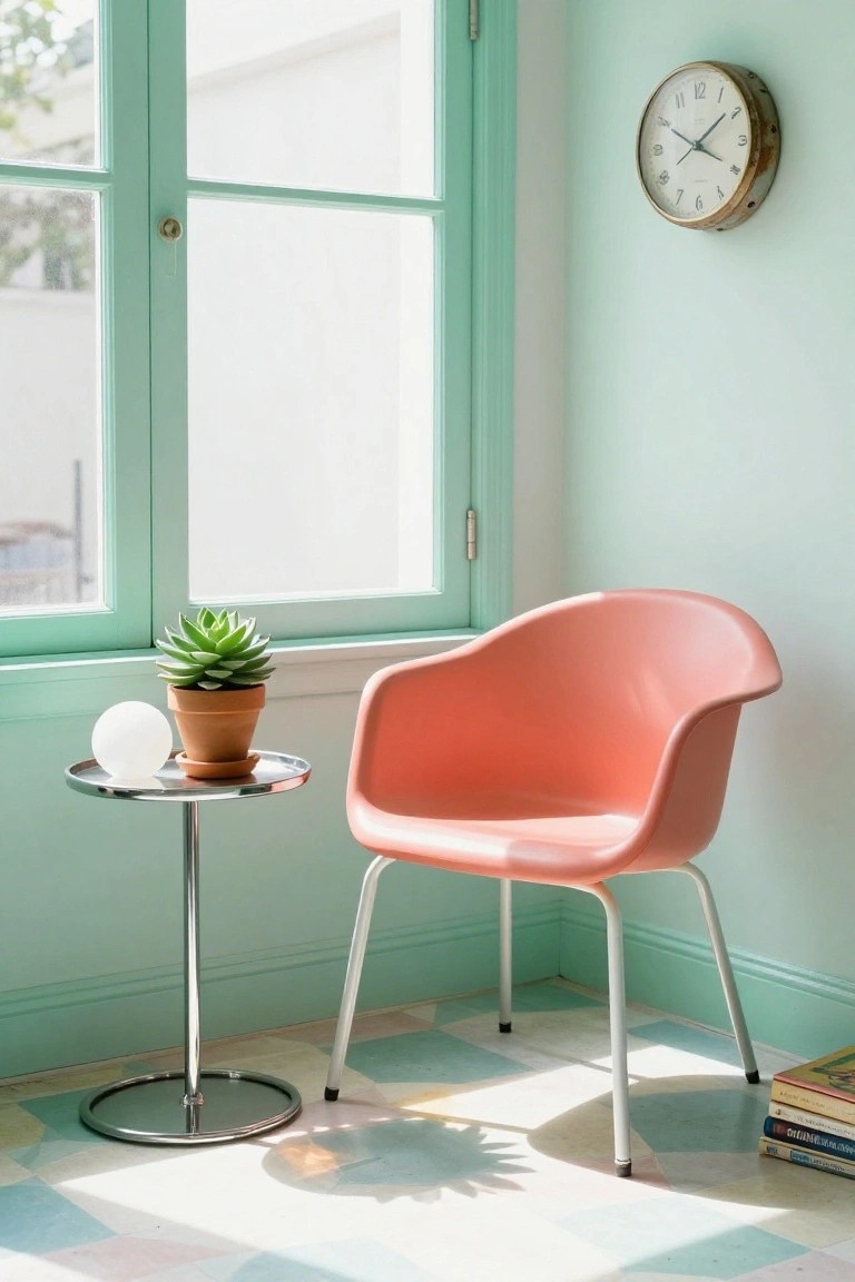 Pink molded plastic armchair next to a small round metal side table holding a white orb light and potted succulent, in a mint green room with large windows, wall clock, and checkered floor.