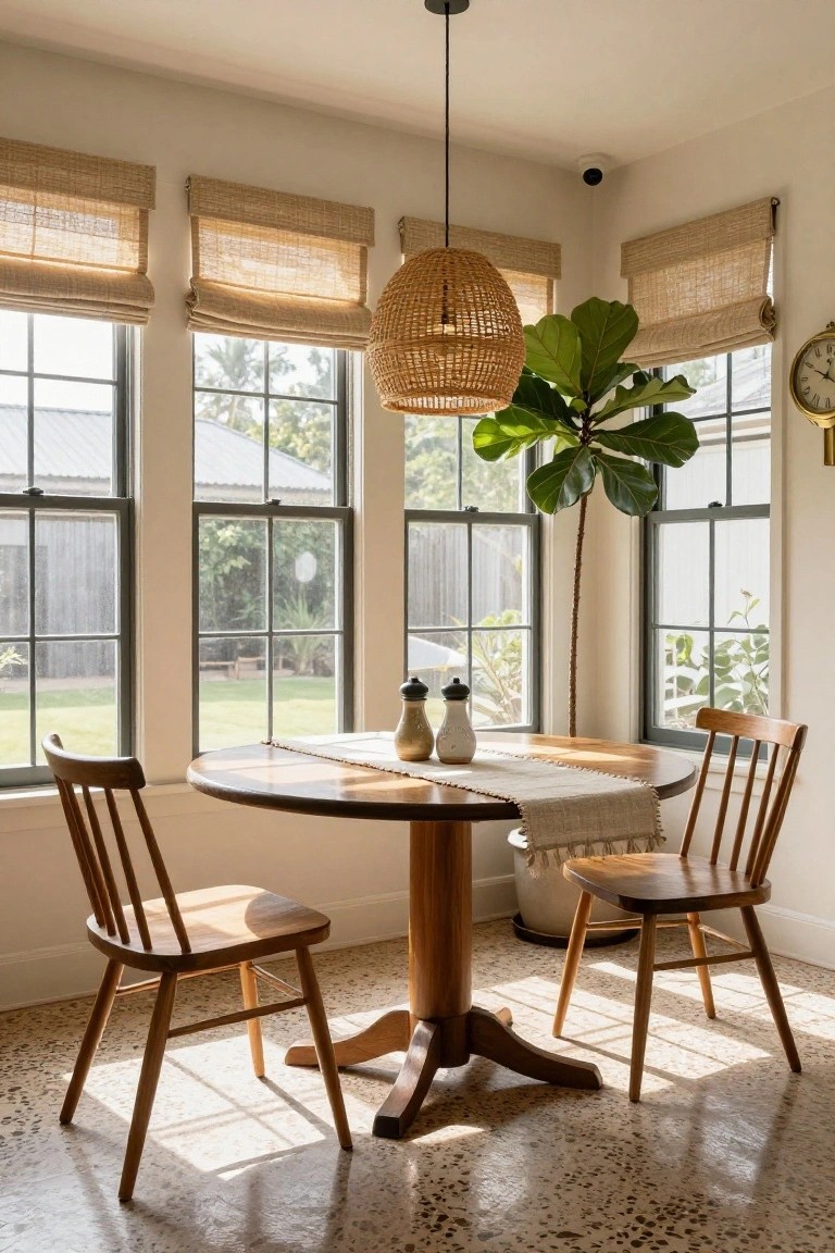 Bright sunroom nook with round wooden pedestal table, four wooden spindle-back chairs, beige fringed runner, two ceramic shakers, rattan pendant light overhead, large potted fiddle leaf fig plant, woven roman shades on large black-framed windows, and terrazzo floor.