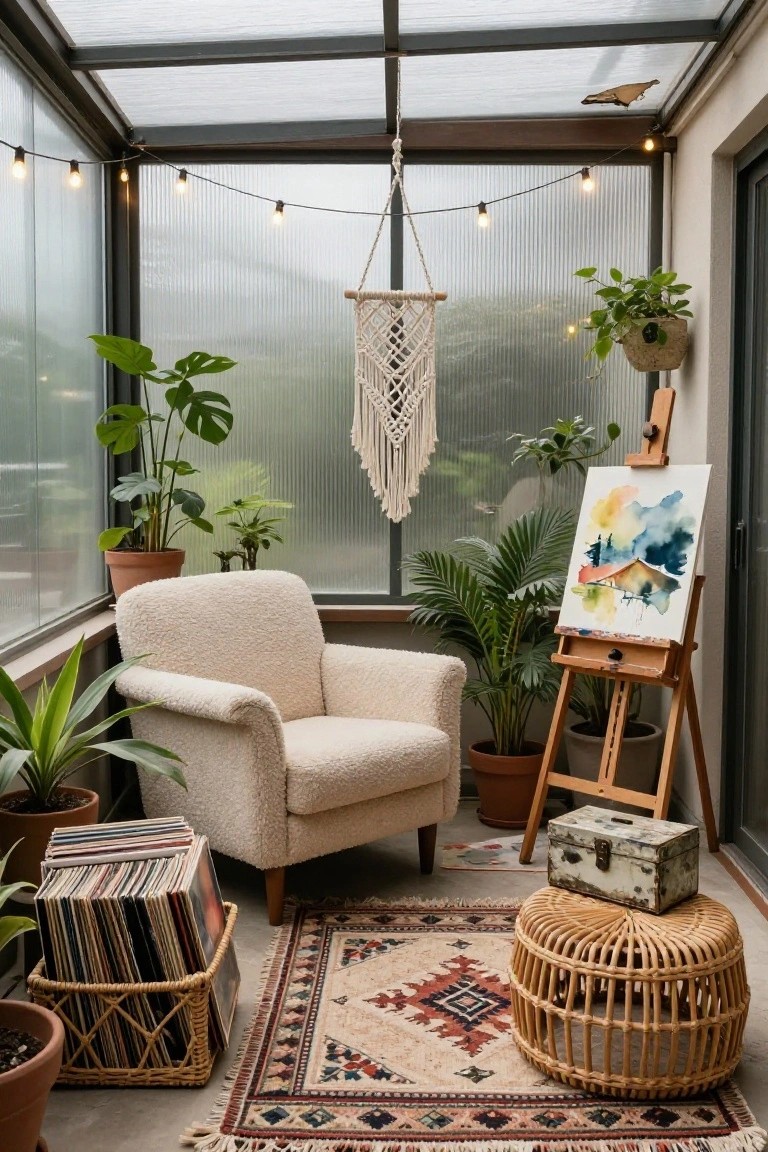 Glass-enclosed sunroom with potted tropical plants including monstera and palms, cream chenille armchair, wooden easel holding an abstract watercolor painting, woven basket of vinyl records, macrame hanger, rattan stool, kilim rug, and string lights.