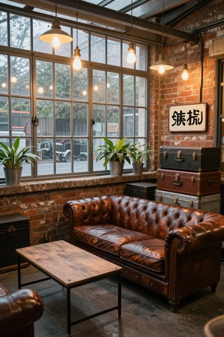 Exposed brick sunroom interior with large multipane windows overlooking a street, brown tufted leather Chesterfield sofa, rustic wooden coffee table, potted plants in metal buckets, stacked vintage suitcases, and hanging pendant lights.