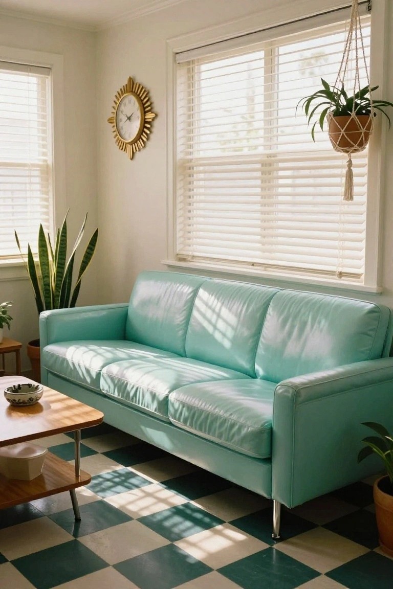Turquoise leather three-seater sofa in a sunlit room with white walls, venetian blinds on windows, gold sunburst clock, snake plant, hanging plants, wooden coffee table, and green-white checkered tile floor.