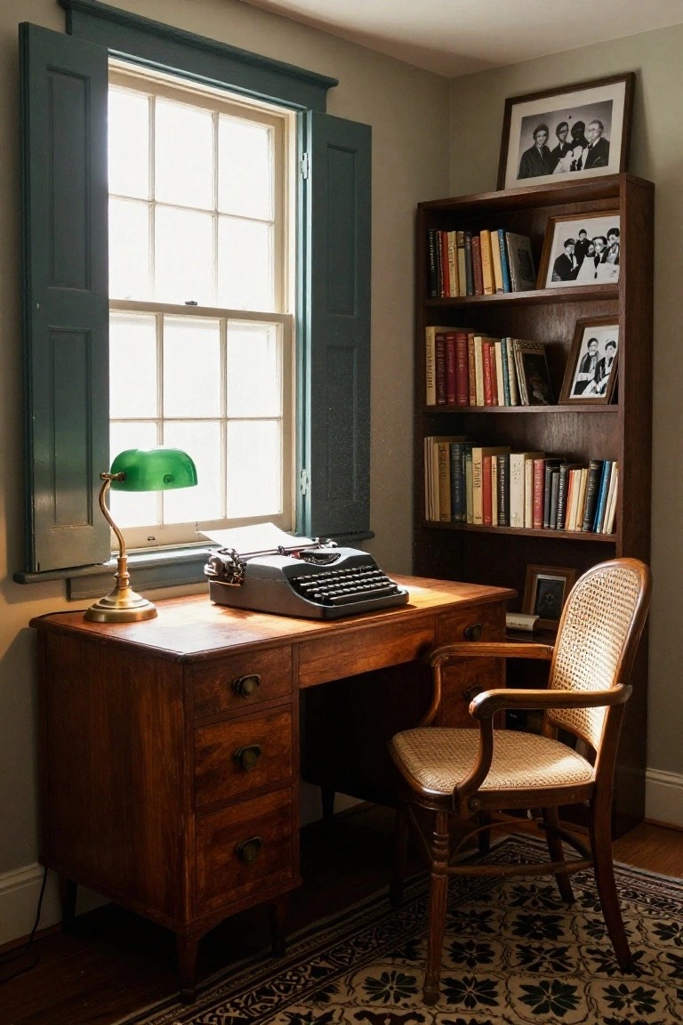 Wooden desk with vintage typewriter and green banker's lamp in a sunroom corner by window with open green shutters, wooden bookshelves with books and photos, and rattan armchair nearby.