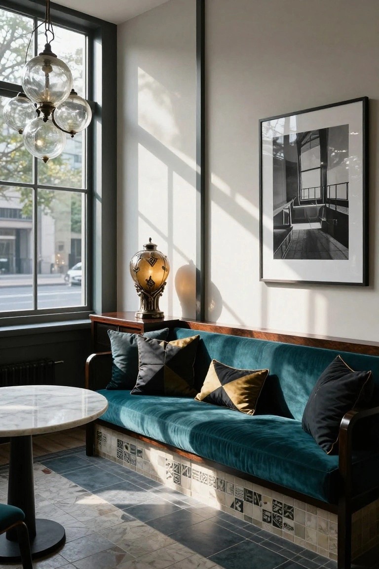 Sunlit interior corner with emerald green velvet banquette sofa, assorted patterned pillows in black yellow and green, round white marble table on black base, ornate brass lamp, wooden side table, large window with street view, and black-and-white framed photo on wall.