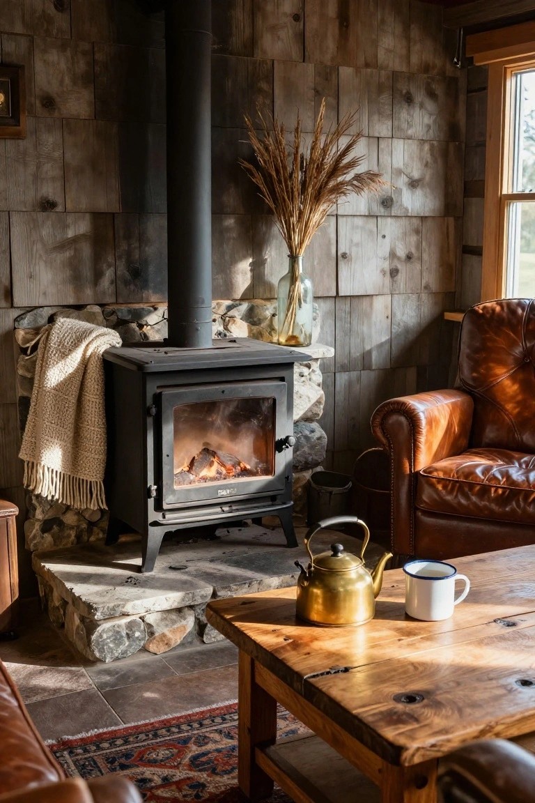 Cozy living room with a wood stove, leather chair, blanket, and a wooden coffee table.