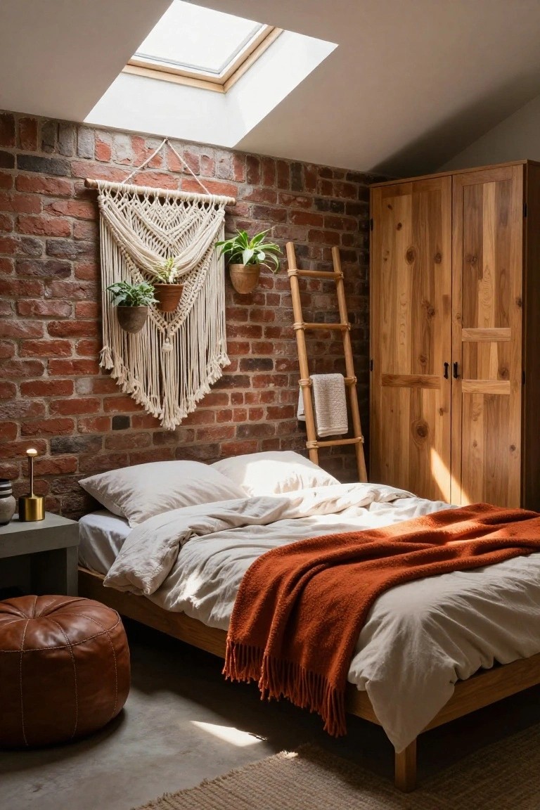 Bedroom interior with exposed brick wall hung with white macrame plant holders containing green plants, wooden wardrobe and bamboo ladder nearby, low wooden platform bed with rumpled white sheets and orange throw blanket, tan leather pouf stool, bedside table with lamp, concrete floor, jute rug, and skylight overhead.