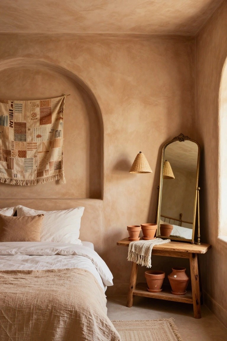 Bedroom corner with textured ochre plaster walls, arched niche holding woven tapestry, low wood bed with white and beige linens, rustic wooden bench as bedside table with terracotta pots and cloth runner, tall gold arched mirror, and rattan-shade wall lamp.
