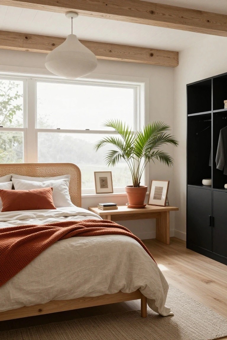Wooden Beams Warm a Light Bedroom