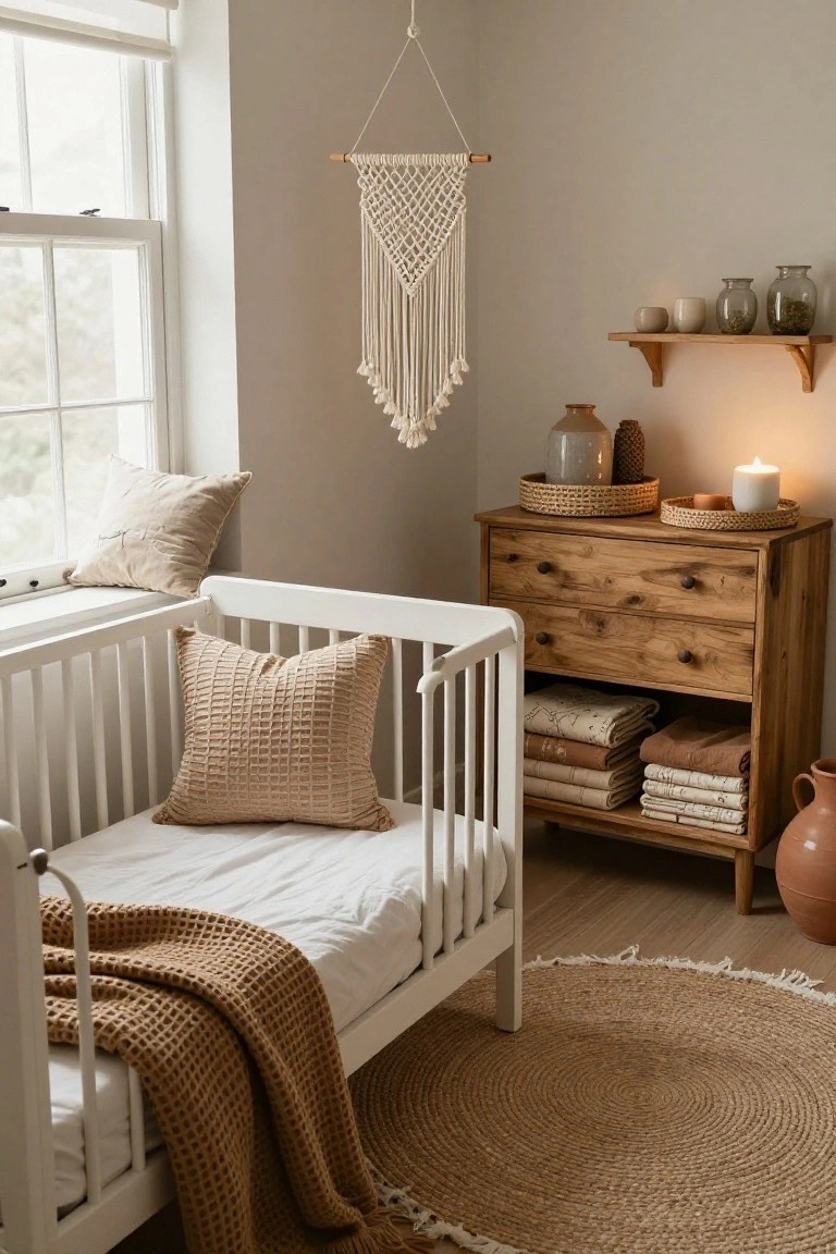 Beige nursery room with white crib draped in tan knit blanket, wooden dresser next to it holding folded linens, macrame wall hanging, floating wood shelf with jars and candle, and round seagrass rug on wood floor.
