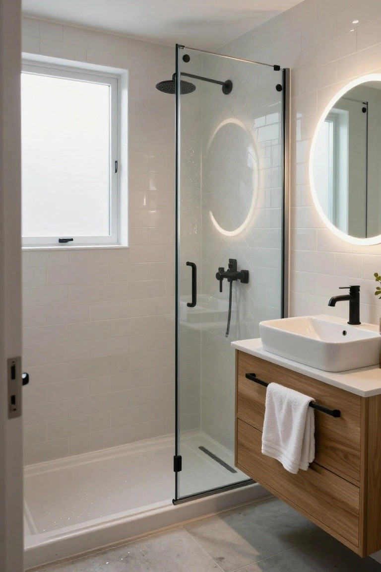 Modern white-tiled bathroom with frameless glass shower, rainfall showerhead, black fixtures, wooden wall-mounted vanity under a round backlit mirror, white vessel sink, and frosted window.