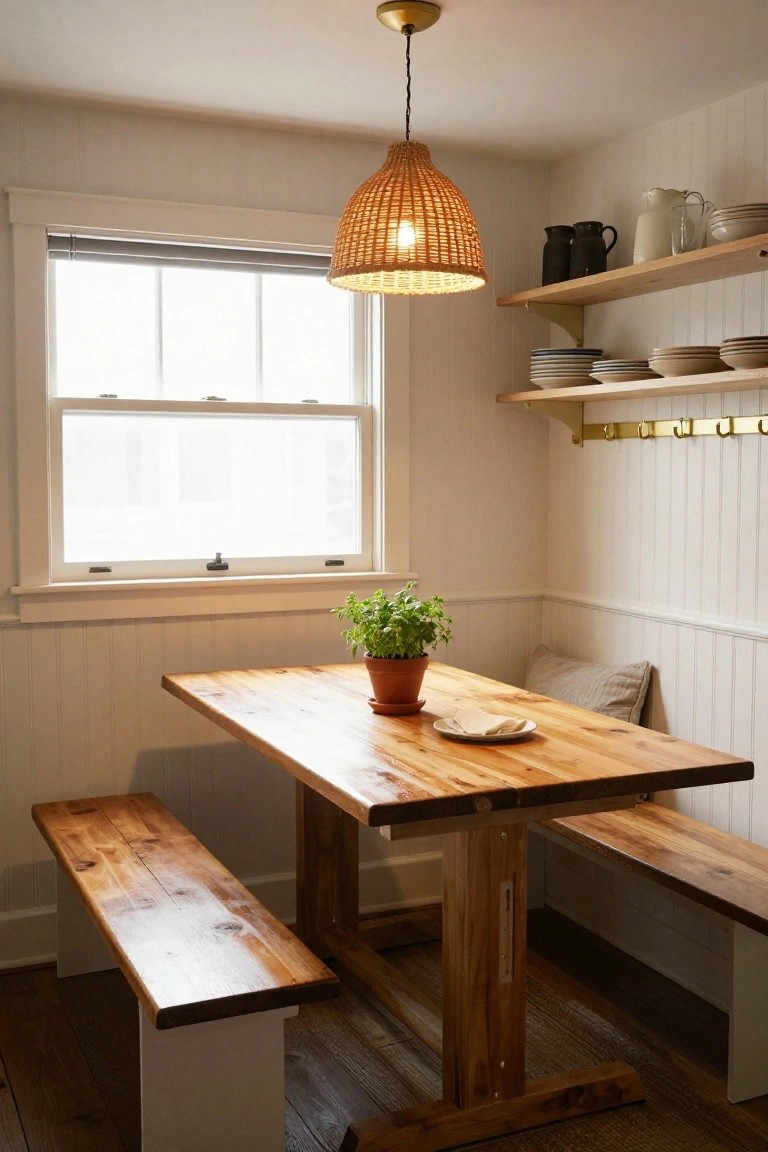 Corner dining nook with wooden table and benches, white shiplap walls, wall shelves with dishes and pitchers, potted herb plant on table, and window with blinds.