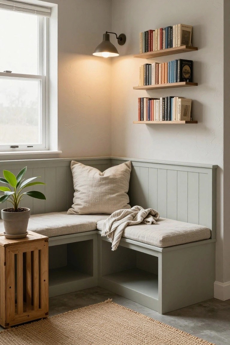 Corner window nook featuring sage green paneled built-in L-shaped bench with beige cushions and throw blanket, potted plant, wooden side table, and floating wooden bookshelves on white textured wall.