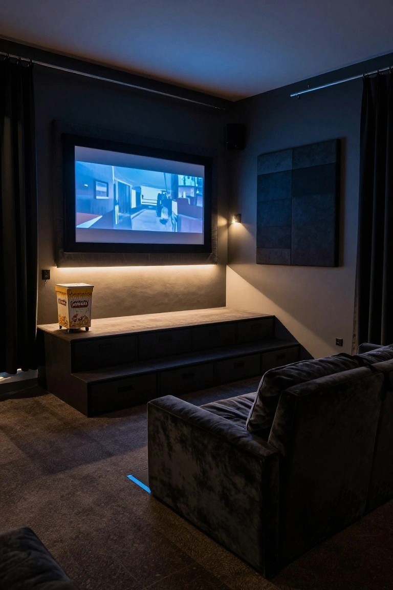 Dark home theater room featuring a large framed TV on the wall showing a blue-lit scene, a raised wooden platform with storage drawers and steps, a velvet sofa, a lit popcorn bucket on a ledge, and black curtains with acoustic panels.